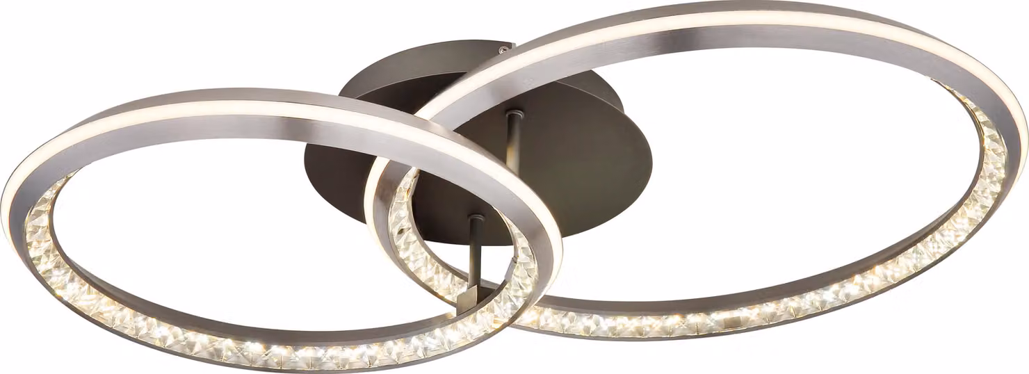 Lampada da soffitto Globo, corpo in metallo grigio opaco, alluminio grigio opaco, cristalli K9 trasparenti, diffusore in silicone opale, dimmerabile, con più livelli di intensità controllabili tramite interruttore a muro, possibilità di memorizzare le imp