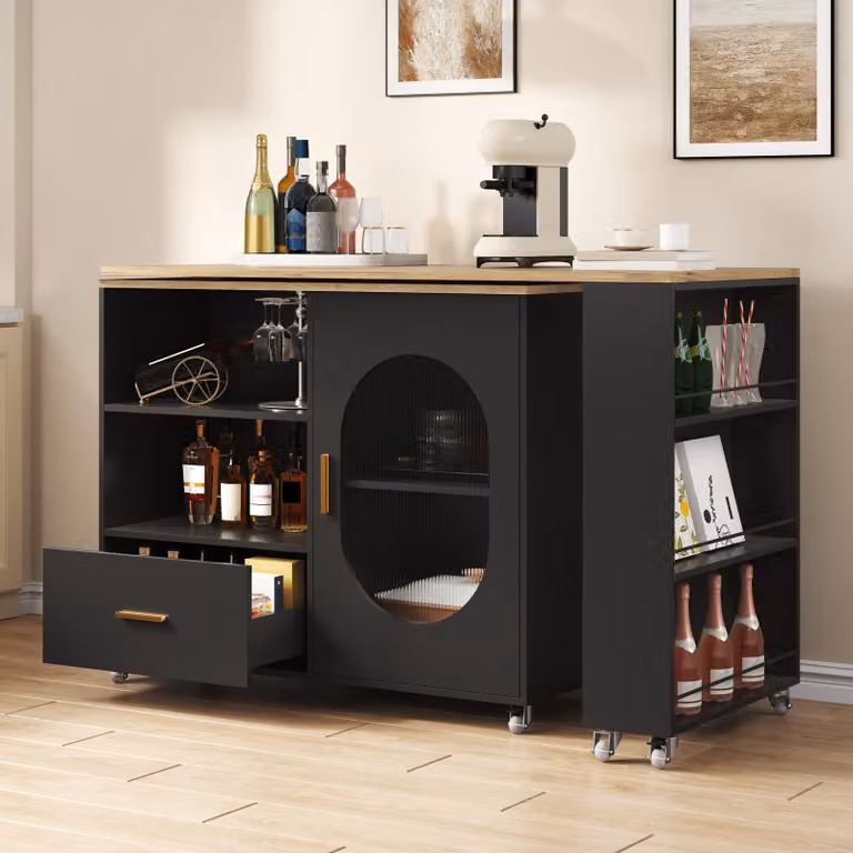 Isola da cucina MODFU, carrello da cucina con spazio contenitivo, carrello di servizio estendibile da 120–180 cm, tavolo da pranzo con piano girevole a 360°, mobile su ruote con freno, finitura naturale/nera