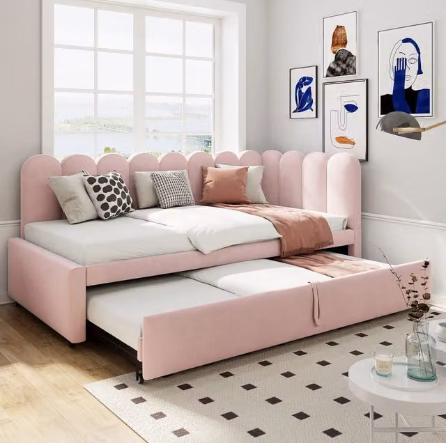 Divano letto ULEVR a L 90x200/180x200 cm estraibile, velluto rosa con rete a doghe
