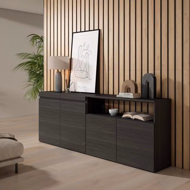 Credenza, Mobile, 200x35x75cm, 4 Porte, grande stoccaggio, Nero RF2387