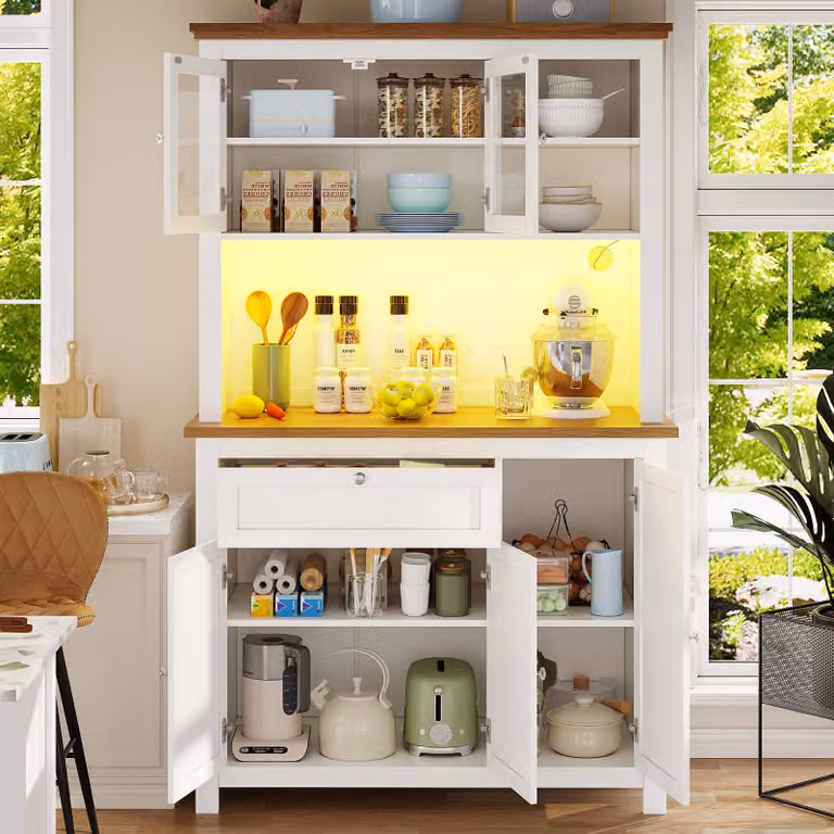 mobile da cucina okwish con grande capacità, con mobile alto con ripiani regolabili, buffet da cucina con illuminazione LED variabile, bianco