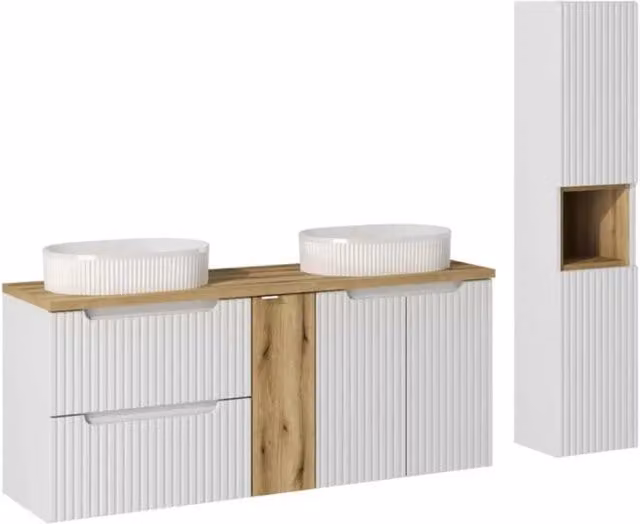 Set mobile bagno Meublorama bianco con mobile sottolavabo, cassetti, armadietti, colonna e due lavabi da appoggio scanalati L: 170 cm – 1