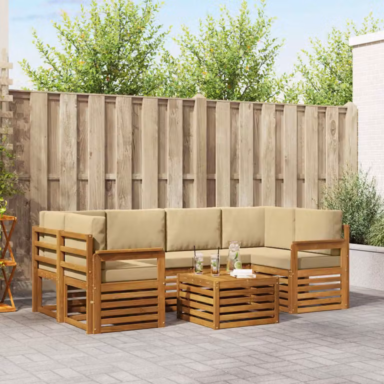 Set di divani da esterno vidaXL a forma di L in legno di acacia con tavolo da caffè, 7 pezzi, Beige e Marrone