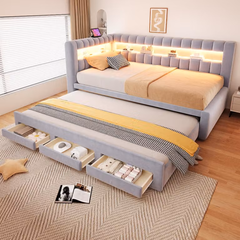 Divano letto Flieks 90x190 cm con letto estraibile, divano giorno con cassetti, letto imbottito per ragazzi con USB e porta Type C, divano letto in pelle, velluto, grigio chiaro