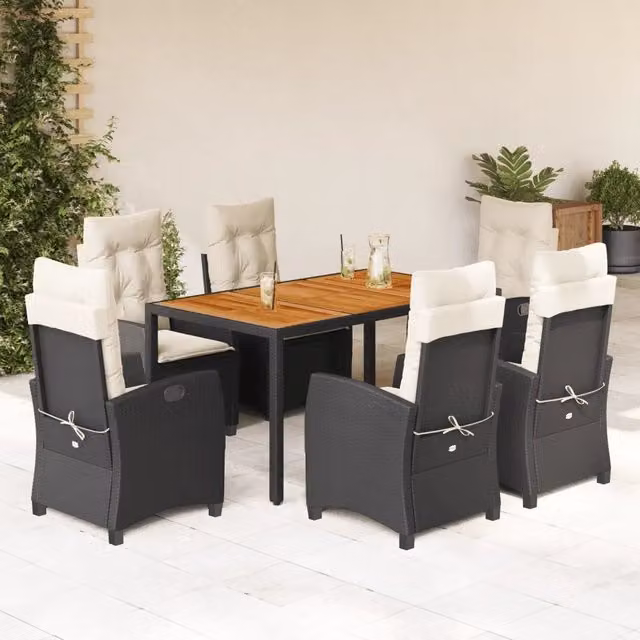 Set da Pranzo da Giardino 7 pz Nero con Cuscini in Polyrattan 3212658