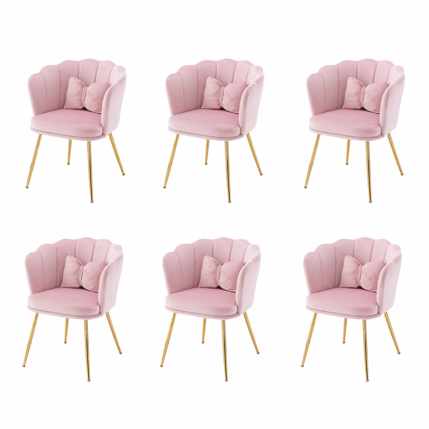 Set Fortuna Lai con 6 moderne sedie da salotto in velluto, sedie da bagno, sedie imbottite con schienale a petalo, gambe in metallo dorato e cuscini a forma di farfalla per la camera da letto e la sala da pranzo.