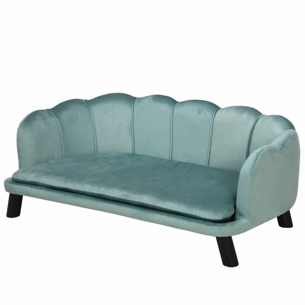 Divano per cani di taglia medio-grande in velluto con rivestimento sfoderabile e lavabile, struttura in legno di betulla, colore verde turchese, L: 98.5 cm, P: 60.5 cm, H: 35.0 cm – 2