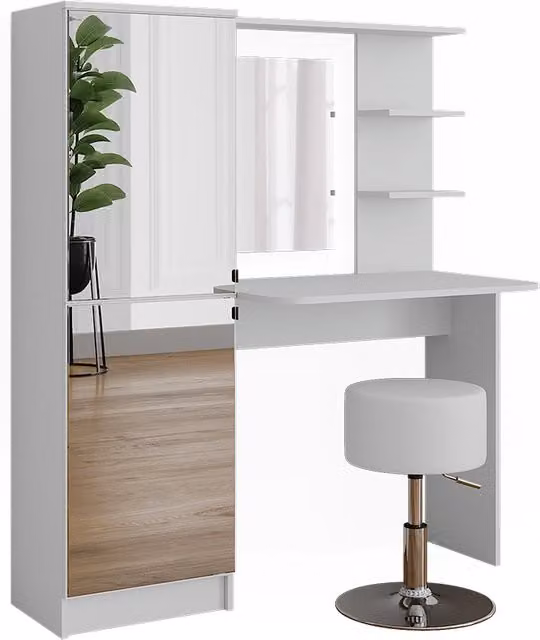 Tavolo da toeletta Jasmin Bianco 123 x 141.2 cm con specchio e sgabello Vicco
