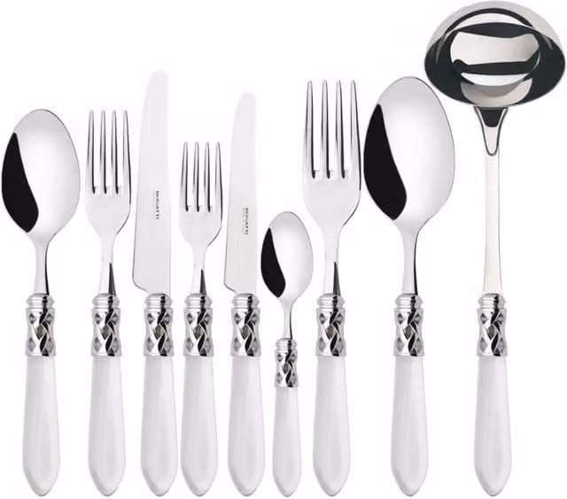 Set di posate ALADDIN da 75 pezzi in acciaio inossidabile con ghiera cromata e scatola in legno Wengè, colore argento e trasparente