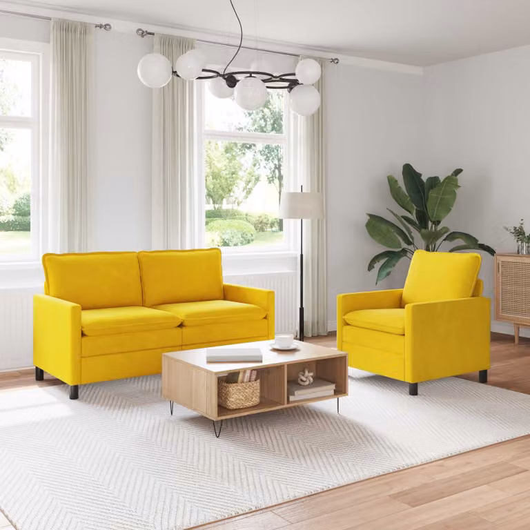 Set di 2 divani moderni vidaXL in velluto giallo e nero con struttura in metallo e cuscini inclusi