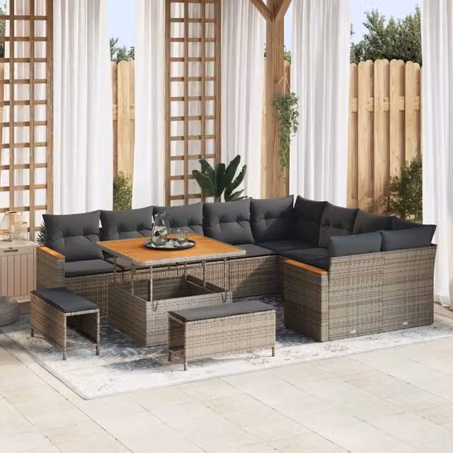 Set Divano da Giardino Moderno vidaXL in Polyrattan Grigio con Cuscini e Tavolino da Esterno