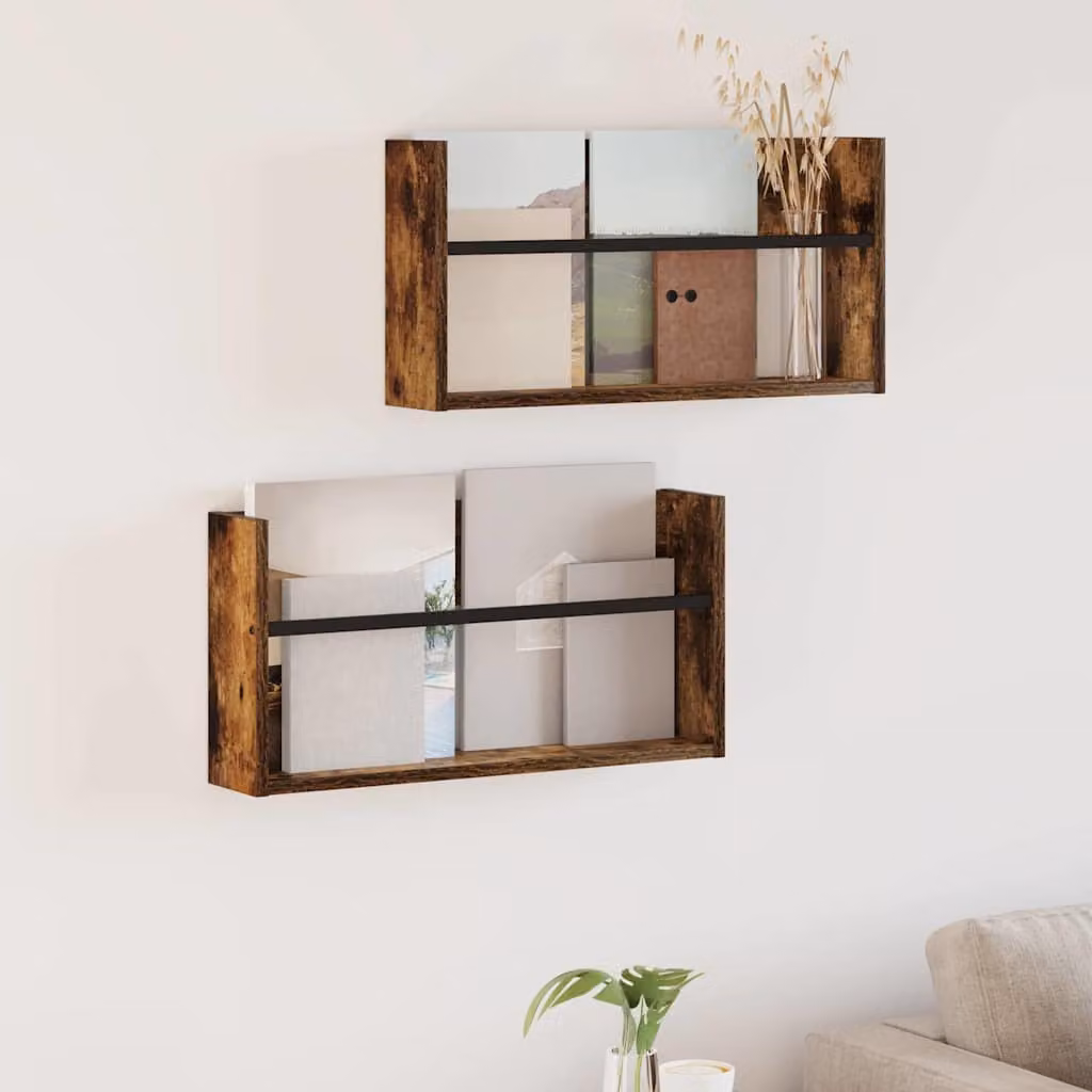 Set di 2 Scaffali per riviste da parete vidaXL in Rovere fumé, L: 60 cm, P: 12 cm, H: 30 cm