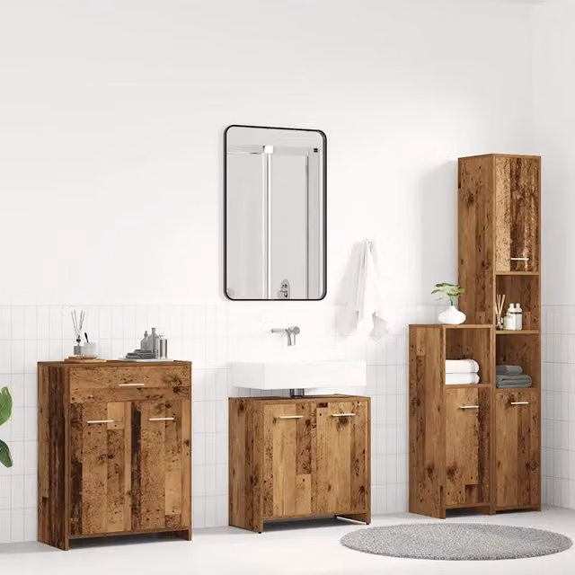 Set Mobili da Bagno vidaXL in Legno Antico Marrone con Mobile Vanity a Parete