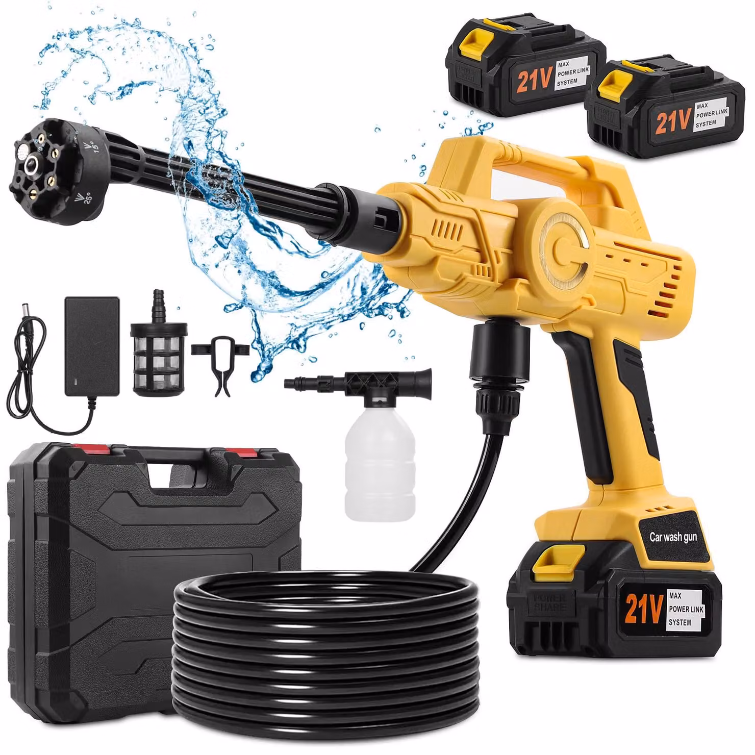 Idropulitrice a batteria senza fili, con 2 batterie da 3000mAh, 6 modalità di spruzzo, ugello per schiuma, motore brushless, pressione di 1,2 MPa, tubo da 5 metri, ideale per auto e giardino