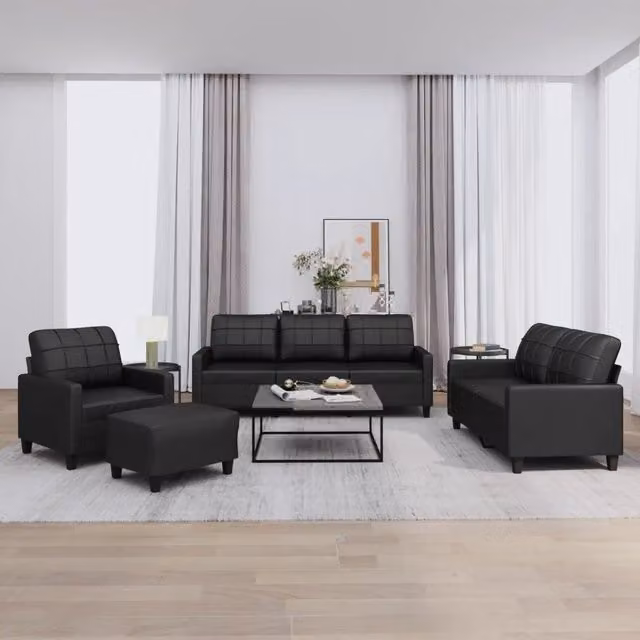 Set di divani moderno vidaXL in similpelle nera composto da divano a 3 posti, divano a 2 posti e pouf con cuscini inclusi