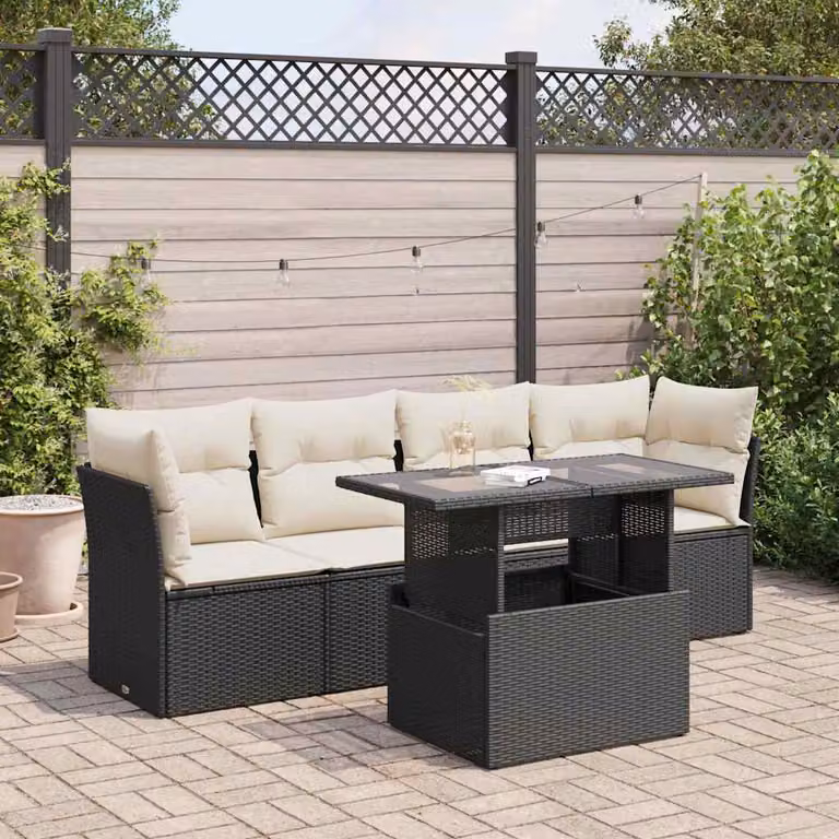 Set da giardino vidaXL composto da 5 pezzi con divano a 3 posti, elementi angolari, tavolino da caffè e cuscini, colore nero e bianco