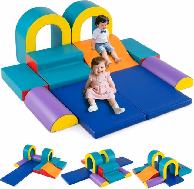 Set di 10 Blocchi da Arrampicata in Schiuma Costway per Bambini, Strutture per Scalare e Scivolare in Pelle Sintetica Lavabile, Verde e Multicolore