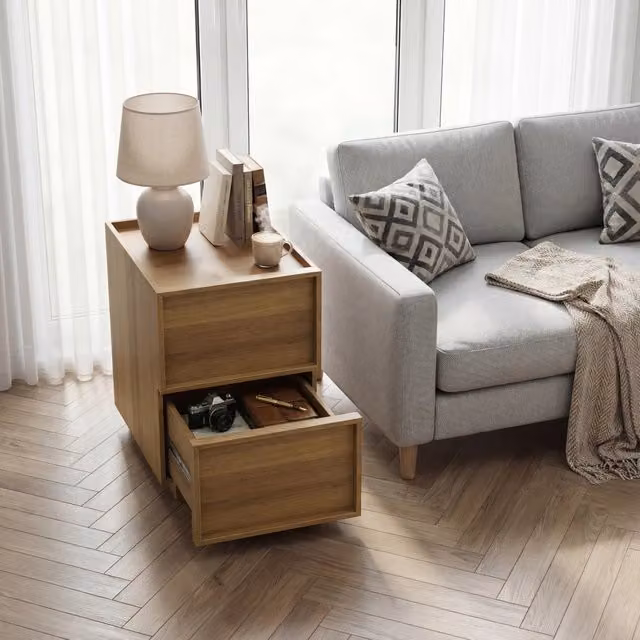 Comodino con 2 cassetti, design minimalista, per camera da letto, in MDF e truciolare, rovere, 38 × 48 × 50 cm