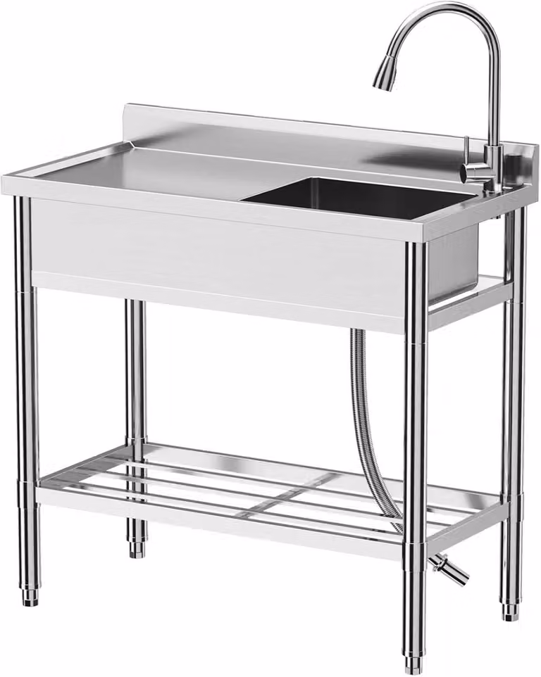 Lavello da cucina, acciaio inossidabile, dimensioni 100x50 cm, modello con un solo vano, piedini regolabili, rubinetto girevole a 360°