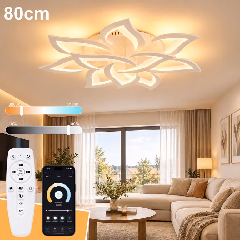 Lampada a soffitto LED da 80 cm, dimmerabile, lampada per soggiorno con telecomando e controllo tramite app, cambio colore da 3000 a 6500K, lampada a soffitto moderna per la camera da letto.