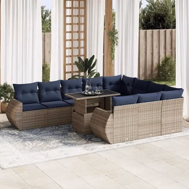 Set di divani da giardino vidaXL in polyrattan color grigio e blu con cuscini e tavolino da esterno a forma di U composto da 11 pezzi