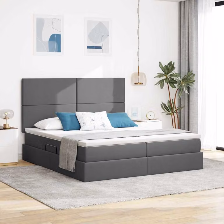 Letto moderno vidaXL con contenitore a sollevamento, illuminazione LED sottostante e porta di ricarica USB, rivestimento in tessuto grigio, L 200 x P 200 cm