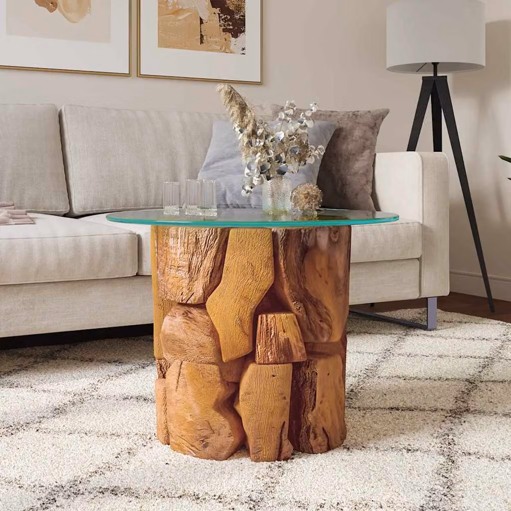 vidaXL Tavolino da Salotto Rotondo in Legno di Teak e Vetro, Marrone, Diametro: 60 cm