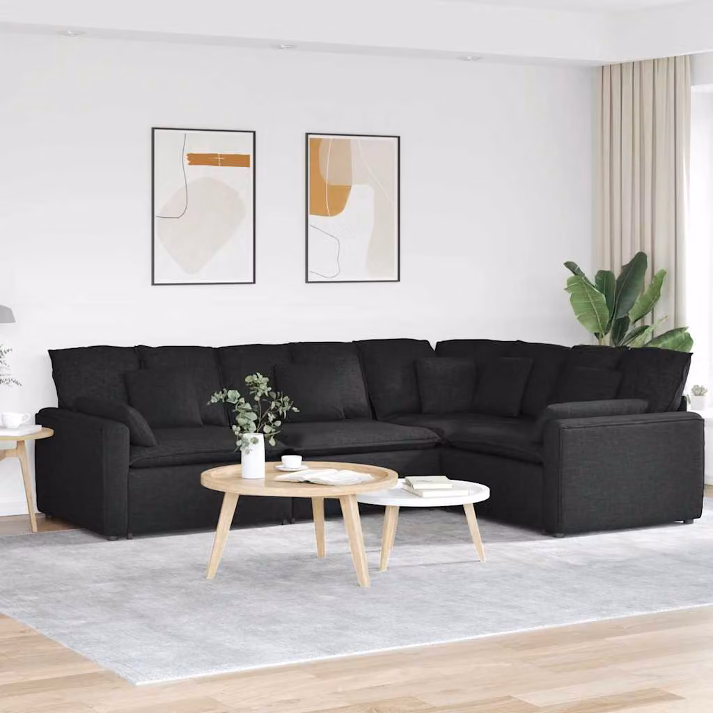 vidaXL Divano Modulare a L con Cuscini in Tessuto Nero e Struttura in Metallo e Legno