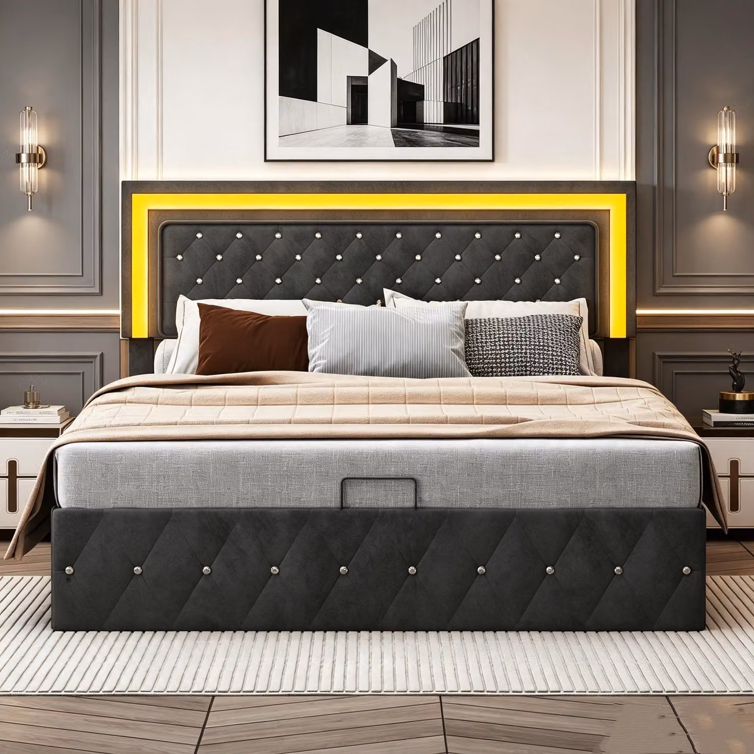 Letto matrimoniale con boxspring, dimensioni 160x200 cm, completo di rete a doghe e contenitore portaoggetti, letto a due piazze per ragazzi con illuminazione LED e cassettiera, letto contenitore multifunzionale, rivestito in velluto, colore nero