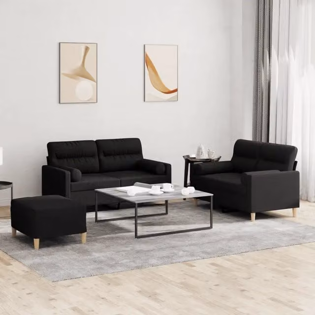 Set di divani da soggiorno vidaXL in tessuto nero con cuscini e struttura moderna