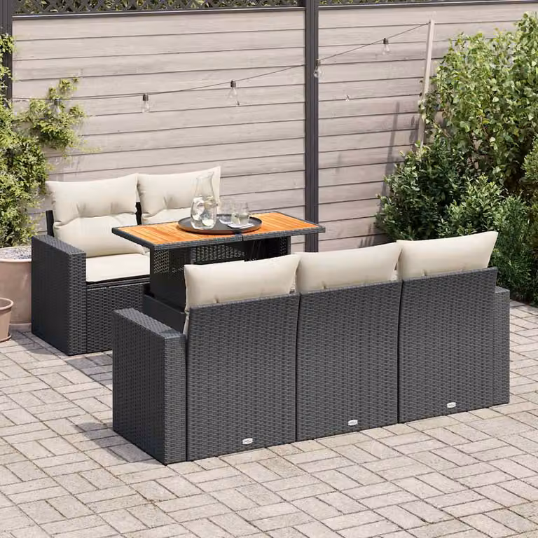 Set Divano da Giardino vidaXL 6 pz in Polyrattan Nero con Cuscini e Tavolino da Caffè