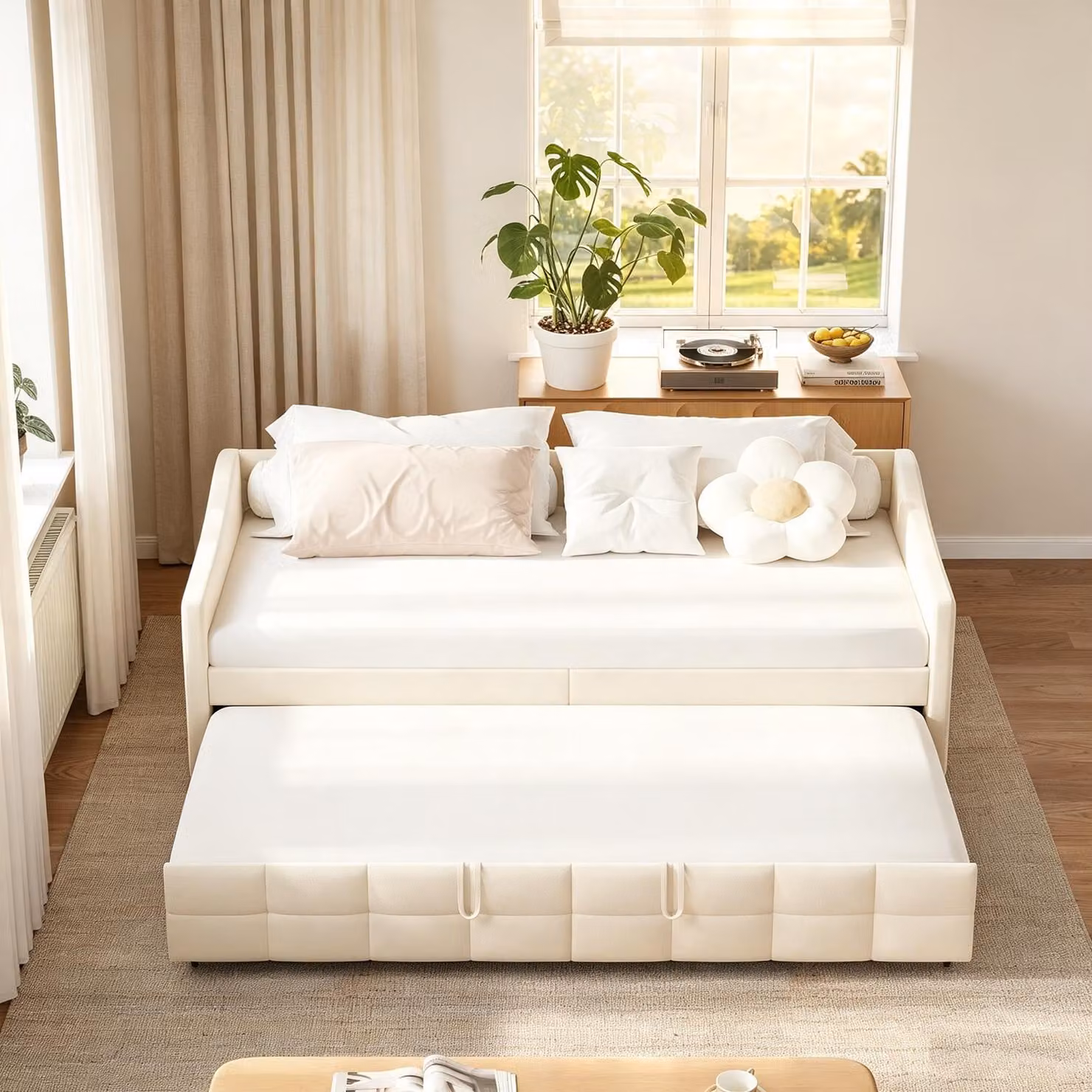 Letto imbottito trasformabile in divano letto, dimensioni 90x200 cm, con letto estraibile, struttura a rete, braccioli, ideale per ragazzi, rivestito in velluto, colore beige