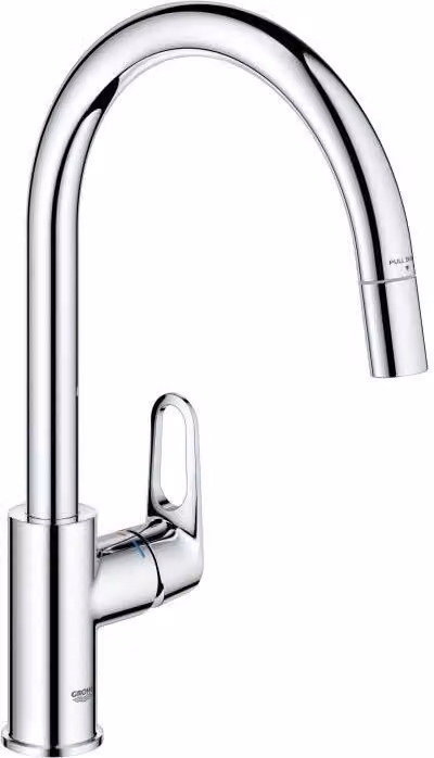 Rubinetto da cucina, cromato, bocca a C alta, aeratore estraibile, orientabile a 360°, limitatore di portata, GROHE Start Flow