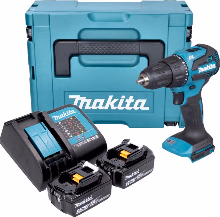 Makita DHP 490 SFJ Trapano avvitatore a percussione a batteria 18 V 65 Nm Brushless + 2x batteria 3,0 Ah + caricabatteria + Makpac