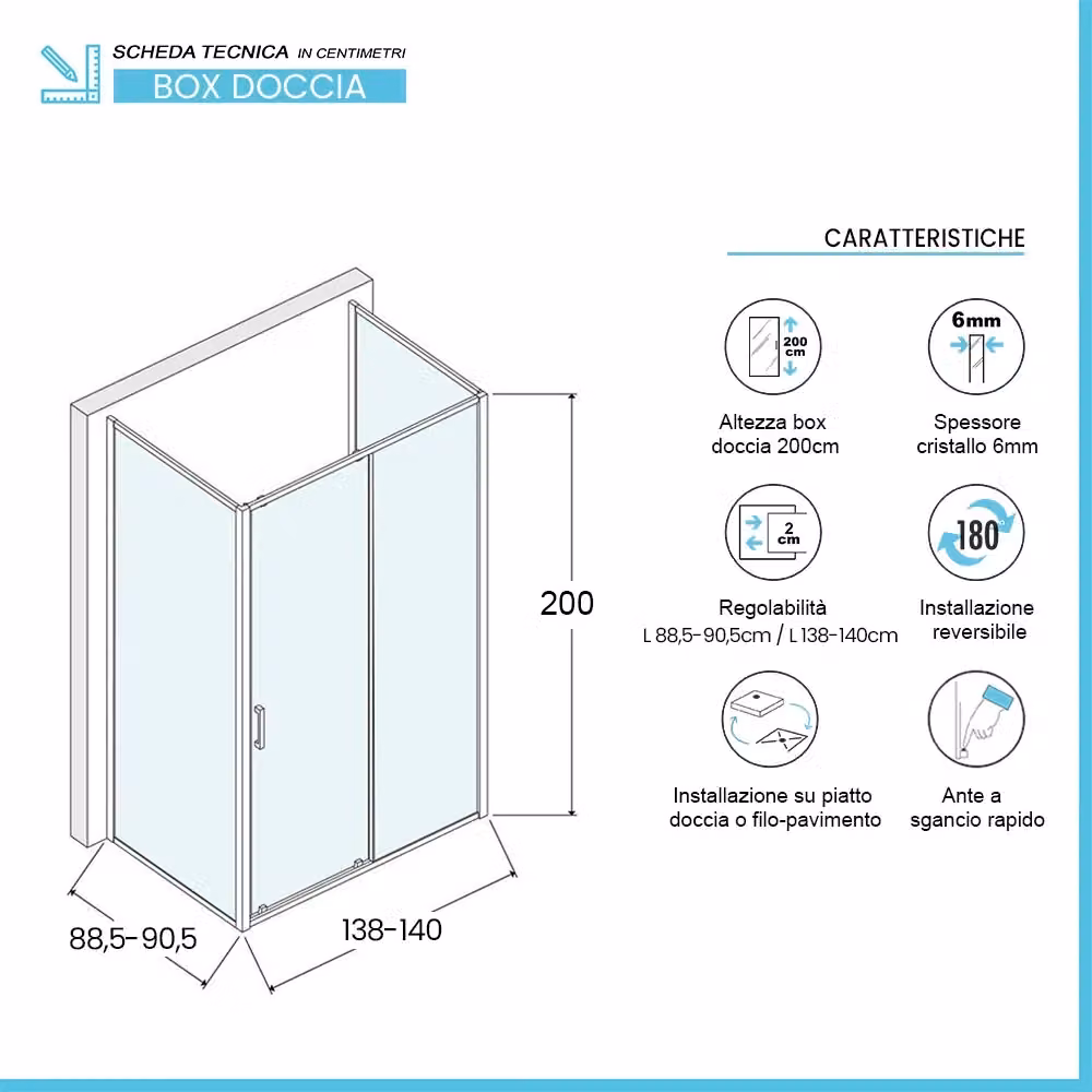 Box doccia angolare rettangolare INBAGNO con porta scorrevole in vetro serigrafato bianco e trasparente L/P/H: 140 x 90 x 200 cm – 2