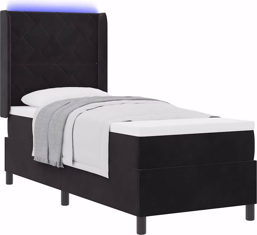 Letto contenitore con rete a molle e luci LED, colore nero, dimensioni 80 x 200 cm, rivestito in velluto