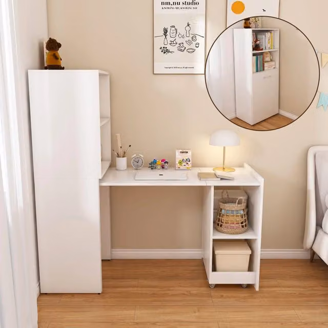 Scrivania estraibile 2 in 1 con mobile contenitore; ripiani regolabili; MDF; bianco