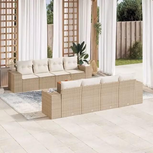 Set Divano da Giardino 9 pz con Cuscini Beige in Polyrattan 3225365
