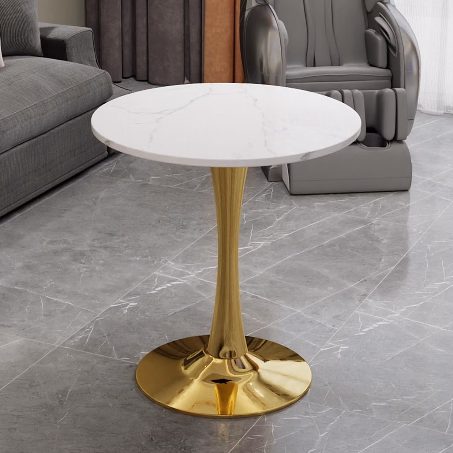 Tavolino da caffè dorato, effetto marmo, forma rotonda, diametro 70 cm – Tavolo da pranzo in stile mid-century modern per 2-4 persone, decorazione effetto marmo bianco