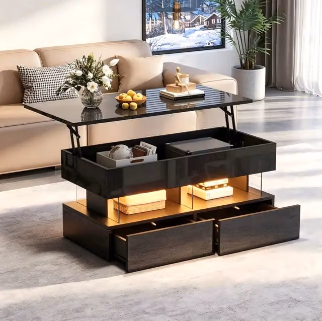 Tavolino da caffè nero sollevabile 100x50x46 cm con LED, 2 cassetti e vano contenitore