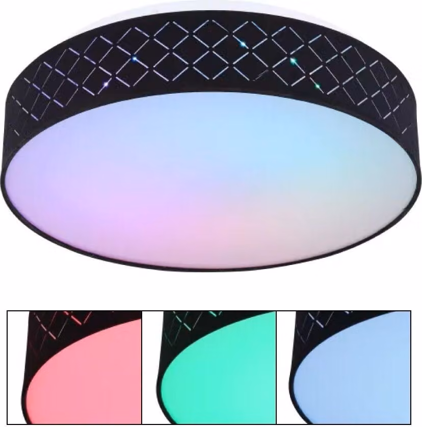 Globo Lighting plafoniera metallo bianco, tessuto nero, acrilico opale, dimmerabile, cambiacolori, colori fissabili, effetto arcobaleno RGB, funzione memoria, luce notturna, telecomando, batteria inclusa 2x AAA, ø: 400mm, H: 110mm, incl. LED 18W 230V, sor