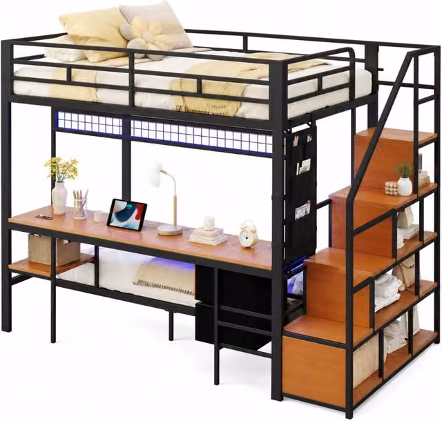 Letto a soppalco 140x200 cm con letto inferiore 90x200; scrivania LED e prese; nero