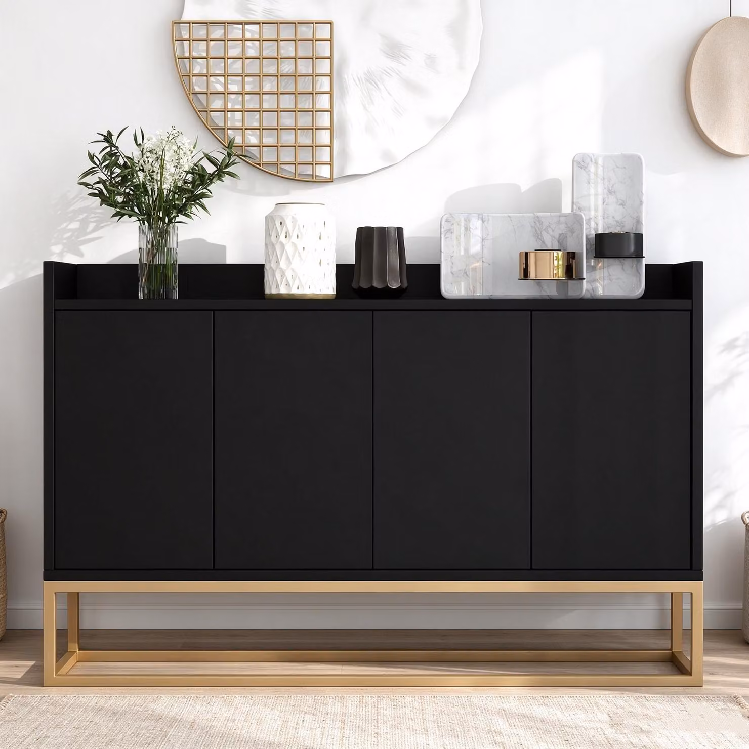 Mobile contenitore INONEFT con 4 ante e ripiani regolabili, struttura in metallo, ideale come credenza per sala da pranzo, soggiorno o cucina, dimensioni 120*30*80 cm, colore nero