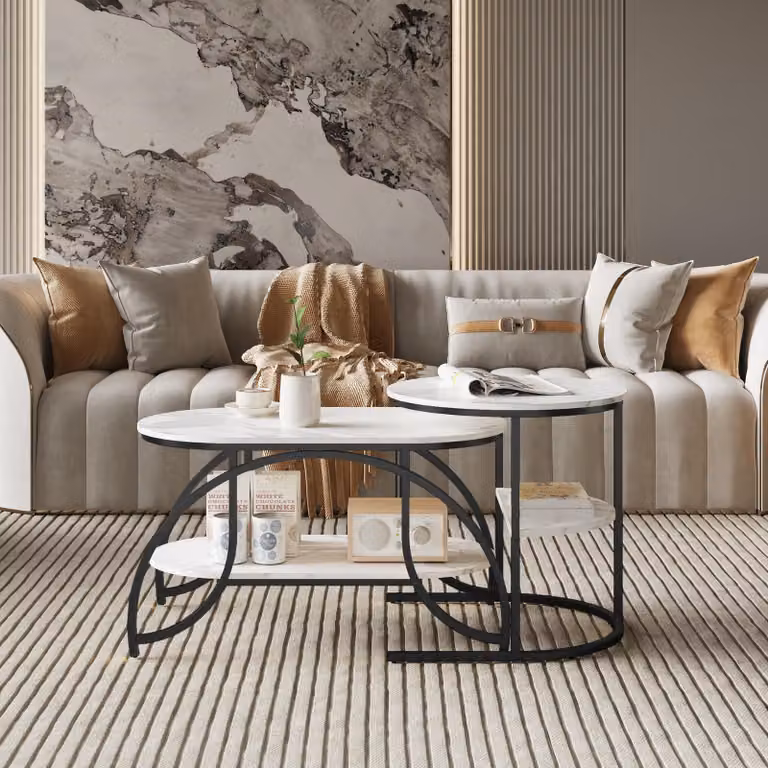 Tavolino quadrato in marmo bianco con struttura in metallo nero - design moderno, stabile e versatile