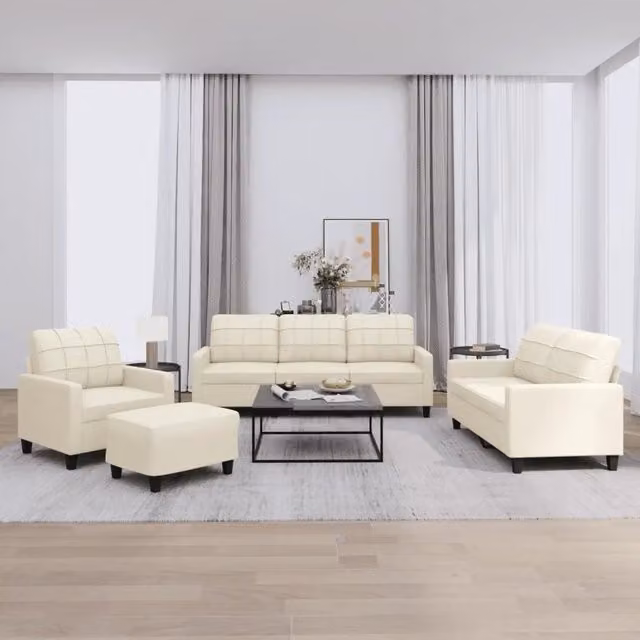 Set di divani moderno vidaXL in similpelle beige composto da divano a 3 posti, divano a 2 posti e pouf con cuscini inclusi