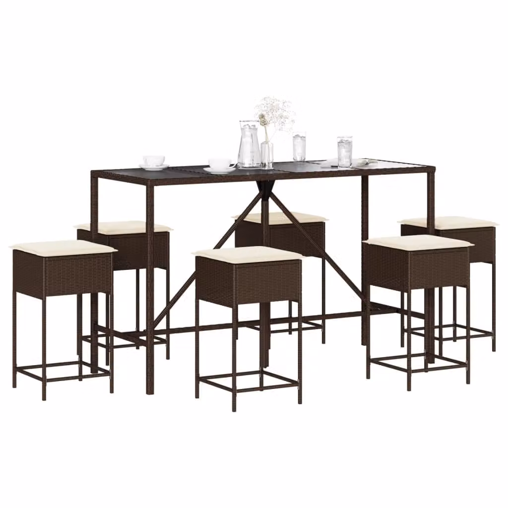 Set Bar da Giardino vidaXL in Polyrattan Marrone con 7 Pezzi e Cuscini