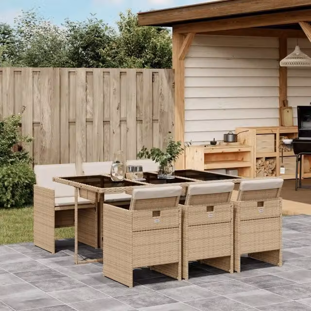 Set da pranzo da giardino vidaXL in polyrattan con cuscini beige e piano in vetro, 7 pezzi