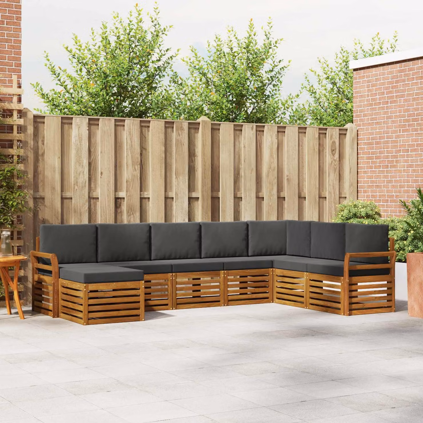 vidaXL Set di divani da esterno a L in legno di acacia con cuscini, 8 pezzi, Marrone, Beige e Antracite
