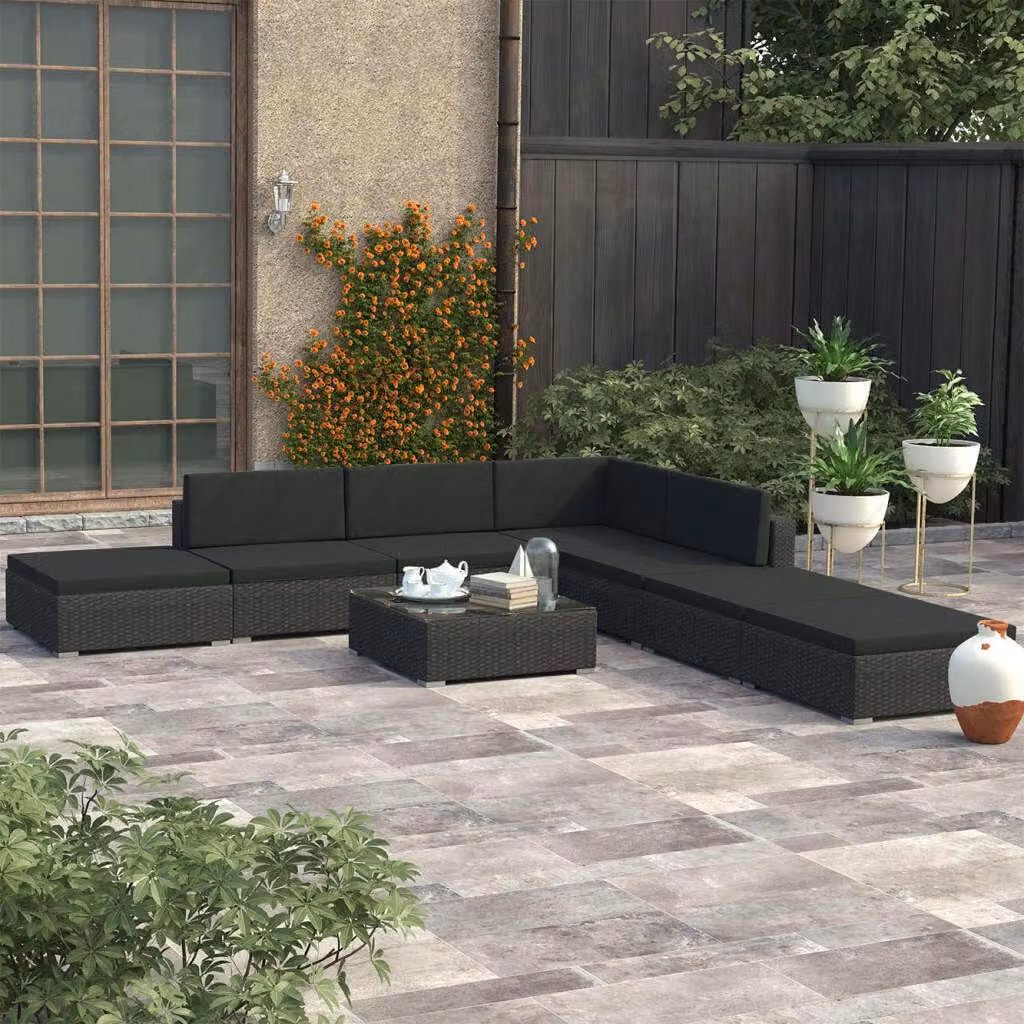 The Living Store Set salotto da giardino 8 pezzi con cuscini in poly rattan nero