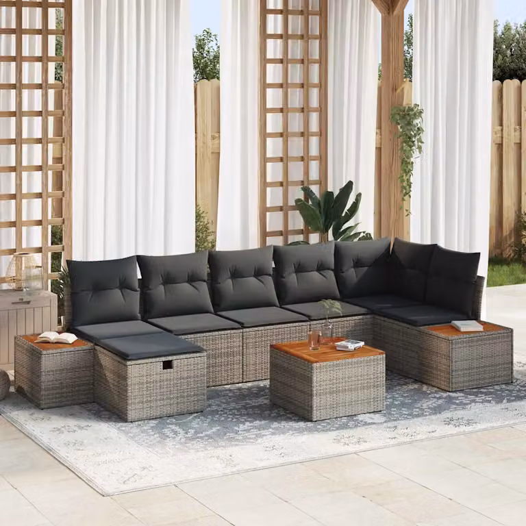 Set Divano da Giardino a L vidaXL 8 Pezzi Grigio con Cuscini e Tavolino in Polyrattan e Acciaio